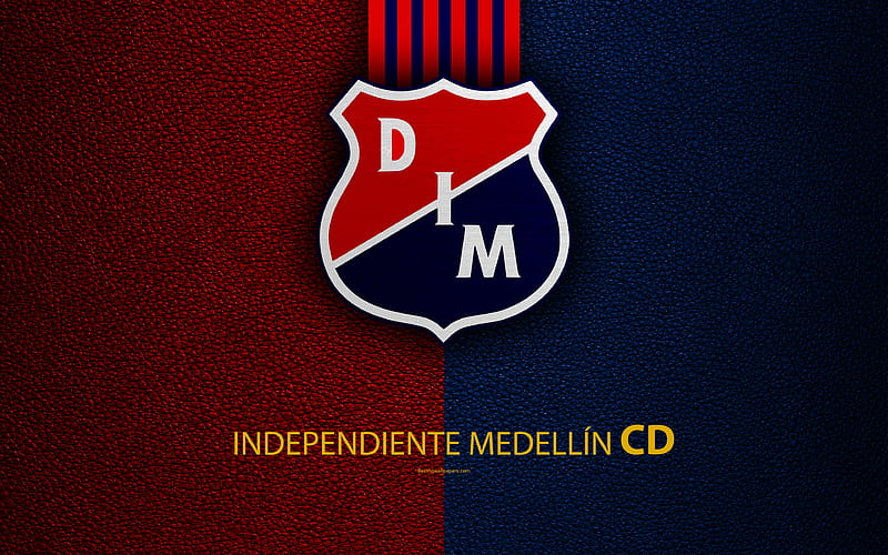 Deportivo Independiente Medellin, DIM leather texture, logo, red blue lines, Colombian football club, emblem, Liga Aguila, Categoria Primera A, Medellin, Colombia, football, HD wallpaper