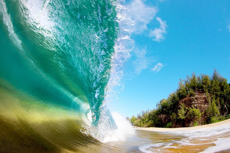 Shore Break, beach, sand, Hawaii, ocean, bonito, crystal green water, wave, HD wallpaper
