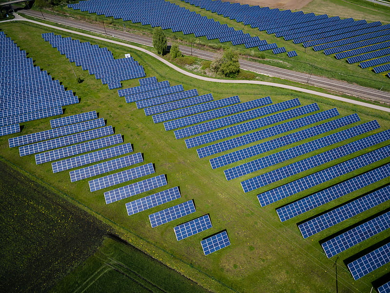 aerial graphy of grass field with blue solar panels, HD wallpaper