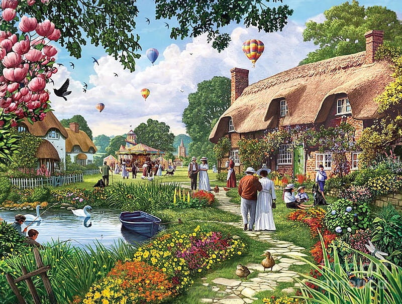 Sunday Afternoon Stroll, cottage, birds, hot air balloons, church, swans, pond, water, flowers, village, fishing, HD wallpaper