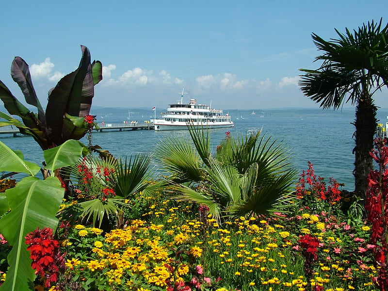 Island of Mainau, Germany, ship, pier, flowers, lake, palms, landscape, HD wallpaper