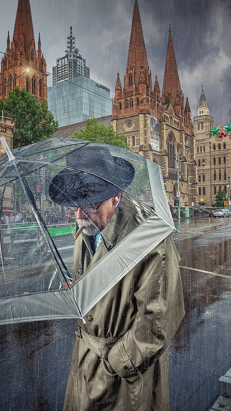 old man, fantasy, city, rain, umbrella, smoking, digital art, HD phone wallpaper