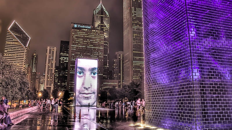 unique art in an open space in chicago r, art, city, sidewalk, r, night, sculpture, skyscrapers, HD wallpaper