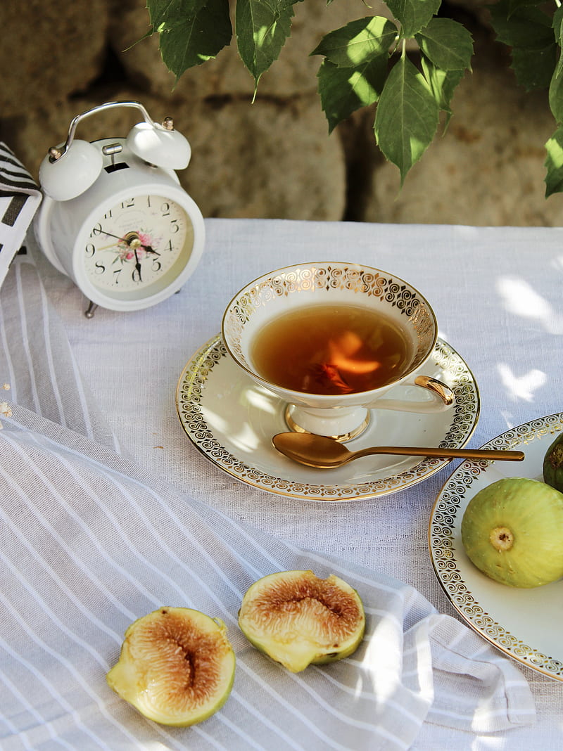 cup, tea, figs, alarm clock, tablecloth, HD phone wallpaper