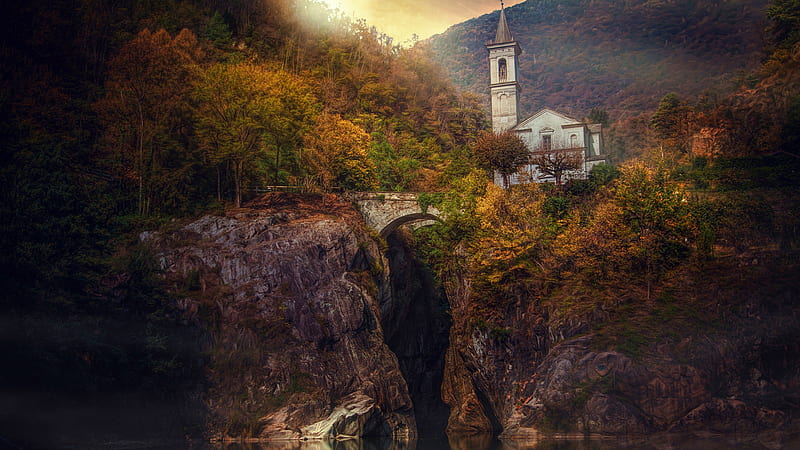 Church Fall Bridge Forest Italy Piedmonte River Rock Travel, HD wallpaper