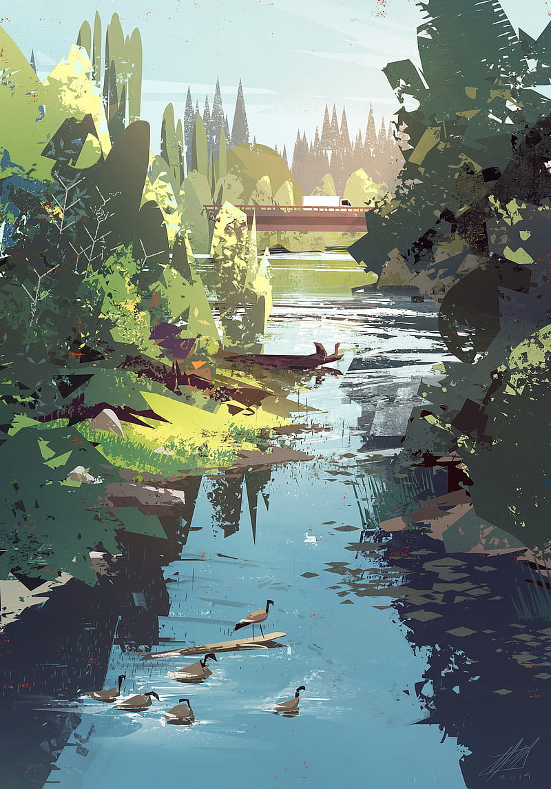 Mike McCain, nature, pants, river, trees, water, duck, train, summer, HD phone wallpaper