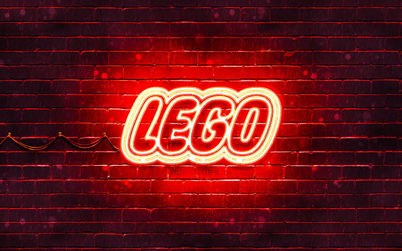 LEGO red logo, , red brickwall, LEGO logo, brands, LEGO neon logo, LEGO, HD wallpaper
