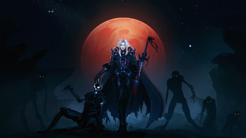 death knights, artwork, red moon, world of warcraft, sword, armor, Games, HD wallpaper
