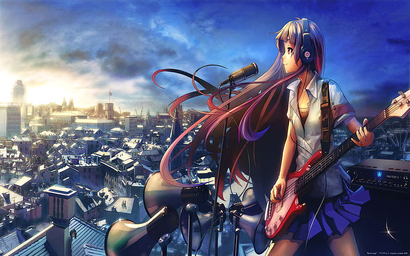 World Song, sun, music, play, city, guitar, anime, anime girl, headphone, night, HD wallpaper