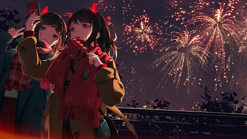 Anime, Girl, Black Hair, Fireworks, Night, Phone, Scarf, HD wallpaper