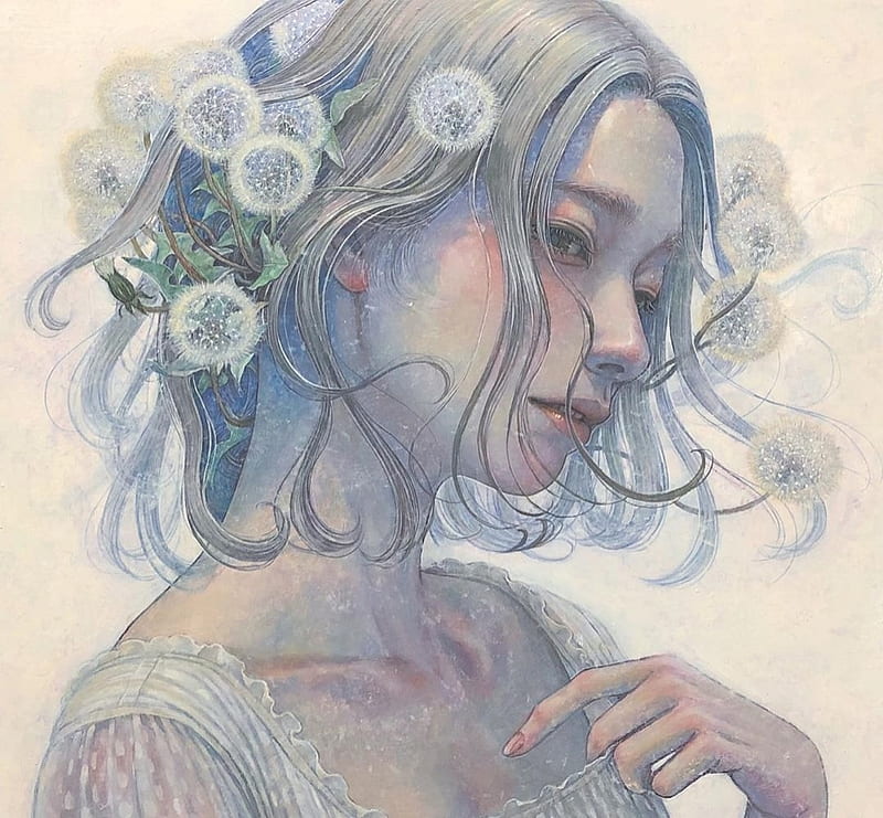 Dandelion girl, blue, painting, miho hirano, art, dandelion, pictura, face, girl, chalk, HD wallpaper