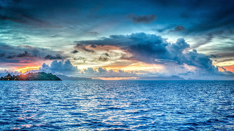 Body of Water During Dawn, dawn, horizon, ocean, dusk, sunset, clouds, nature, seascape, island, blue, HD wallpaper Body of Water During Dawn, dawn, horizon, ocean, dusk, sunset, clouds, nature, seascape, island, blue, HD wallpaper