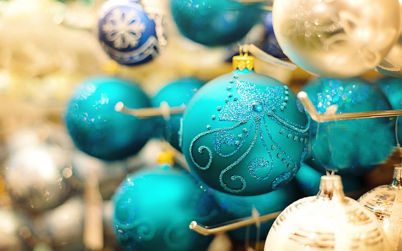 blue christmas balls decorations, New Year, 2018, Christmas, HD wallpaper