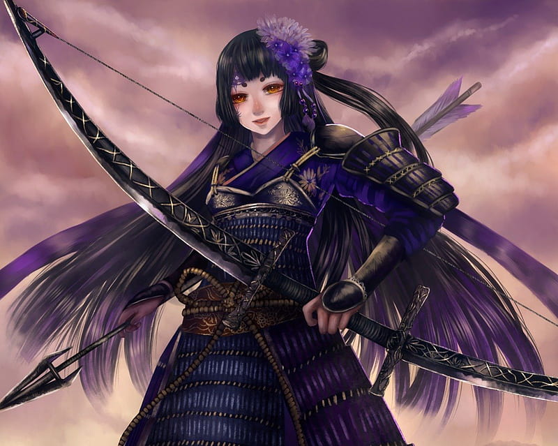 Samurai Archer, beautiful, bow, arrow, samurai, anime, hot, beauty, anime girl, weapon, long hair, arrow and bow, female, sexy, armor, cute, warrior, girl, HD wallpaper