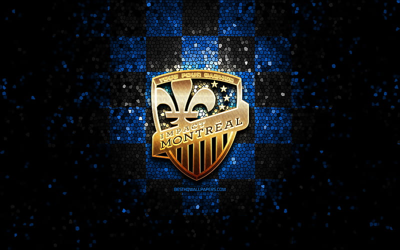 Montreal Impact FC, glitter logo, MLS, blue black checkered background, USA, american soccer team, Montreal Impact, Major League Soccer, Montreal Impact logo, mosaic art, soccer, football, America, HD wallpaper