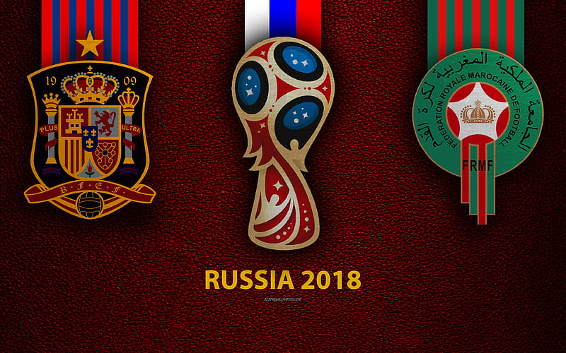 Spain vs Morocco Group B, football, logos, 2018 FIFA World Cup, Russia 2018, burgundy leather texture, Russia 2018 logo, cup, Spain, Morocco, national teams, football match, HD wallpaper