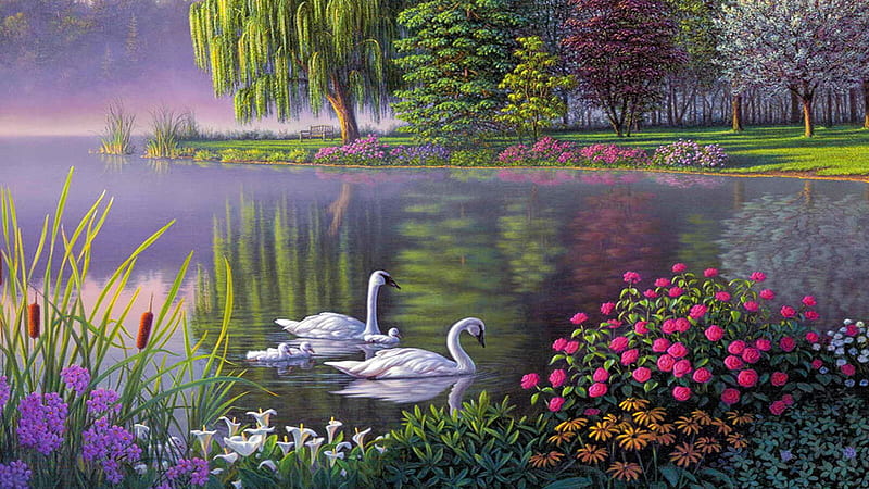 Swan Lake, nature, chicks, swans, painting, flowers, trees, HD wallpaper