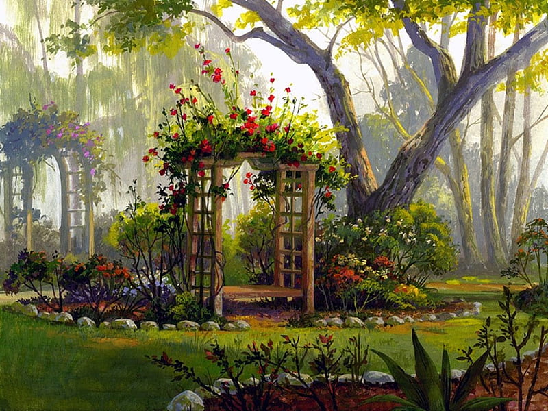 Heavenly garden, lovely, colors, bonito, magic, tree, splendor, flower, peaceful, color, garden, HD wallpaper