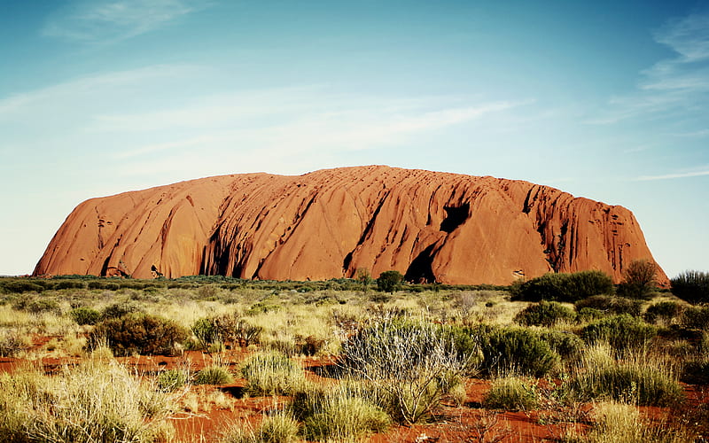 Uluru (Ayers Rock), desert, rock, formation, sky, clouds, brush, nature, spectacular, blue, HD wallpaper