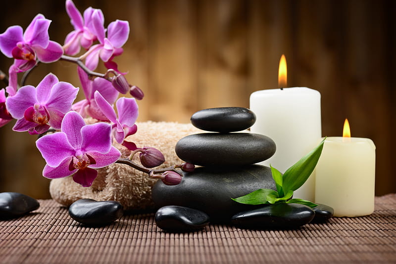 Spa Flowers, zen, relax, bamboo, candles, stones, oriental, orchid, spa, flowers, HD wallpaper