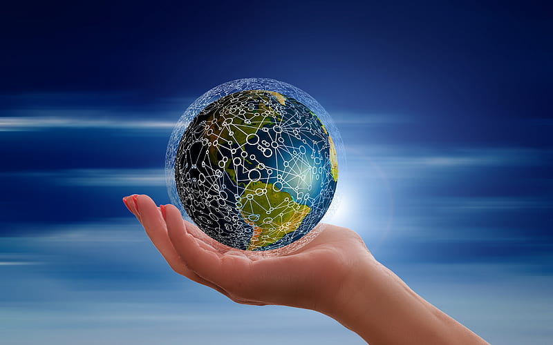Earth in hand, network concepts, social networks, global communication, Internet, modern technology, HD wallpaper