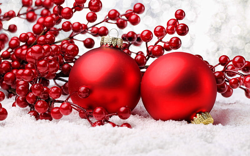 red christmas balls snow, Happy New Year, christmas decorations, xmas balls, new year concepts, Merry Christmas, HD wallpaper