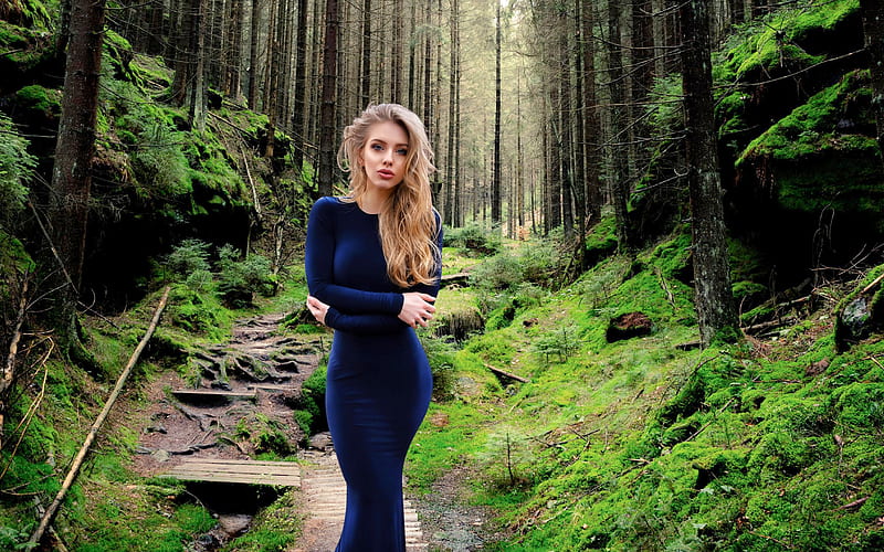 Gorgeous Alexa Breit in the Forest, model, forest, gown, blonde, HD wallpaper