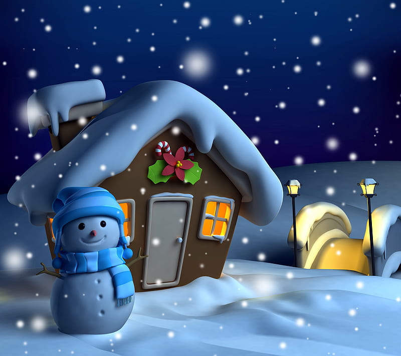 Christmas Night, house, merry, snow, snowman, winter, HD wallpaper