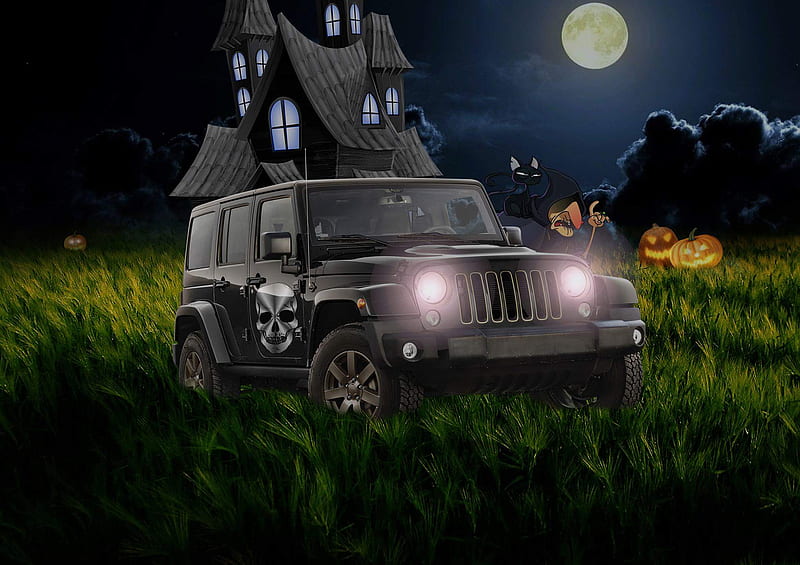 Halloween Special, army, car, castile, expresive, jeep, land, rover, witch, HD wallpaper