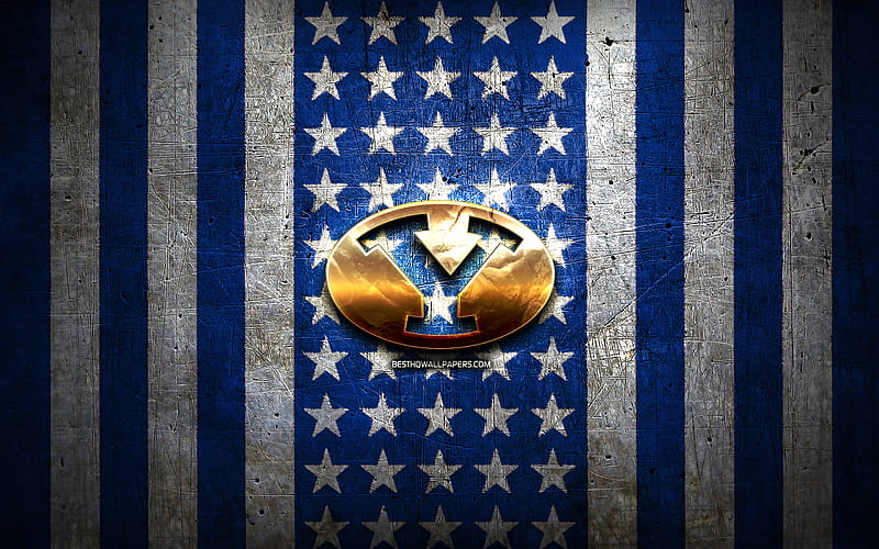 Brigham Young Cougars flag, NCAA, blue white metal background, american football team, Brigham Young Cougars logo, USA, american football, golden logo, Brigham Young Cougars, HD wallpaper