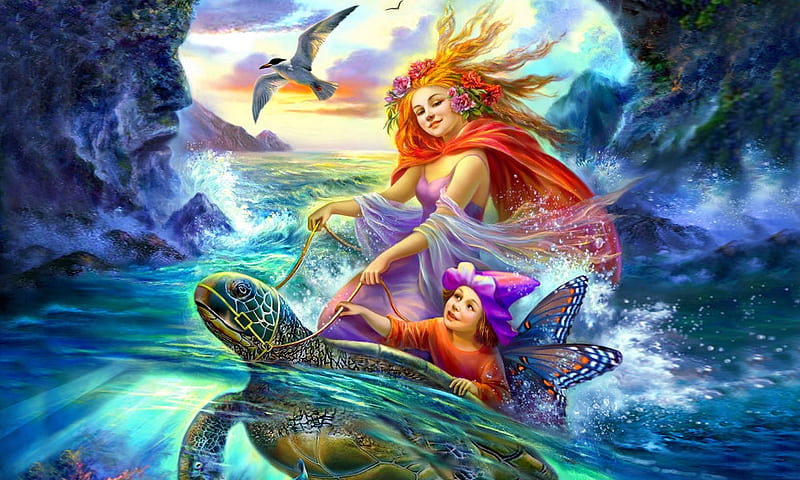 Sea Fairies, colorful, Fairies, Cove, fantasy, dreamy, turtle, seagulls, sea, Magical, HD wallpaper