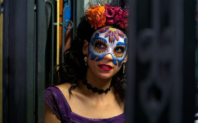 Spectre (2015), colorful, movie, woman, spectre, girl, actress, Stephanie Sigman, flower, mask, HD wallpaper
