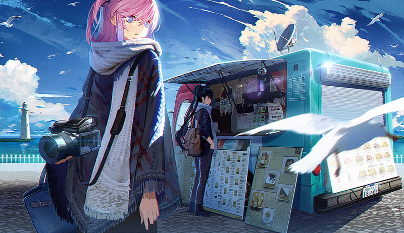 anime girls, desserts, mobile shop, pink hair, scarf, clouds, Anime, HD wallpaper