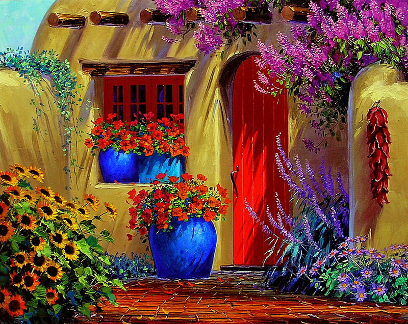 Behind The Red Door, blue urns, shutters, house, courtyard, flowers, red door, door, HD wallpaper