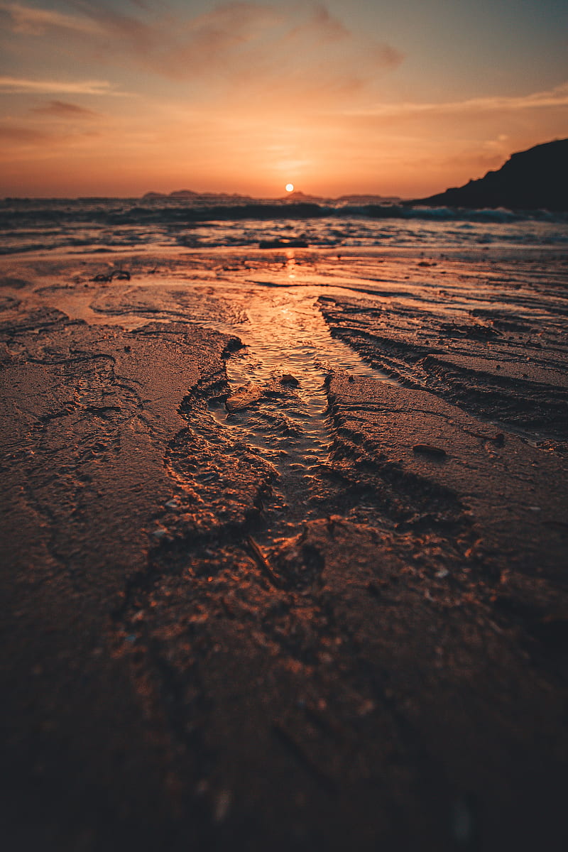 beach, sunset, dusk, sand, water, HD phone wallpaper