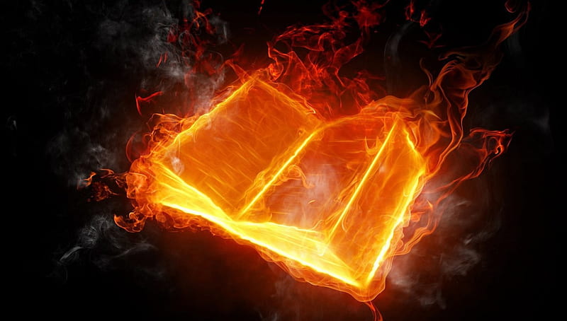 Book of Magic, red, orange, gray, livingdoll, book, black, yellow, magic, fire, flame, dark, bright, gris, smoke, white, light, HD wallpaper