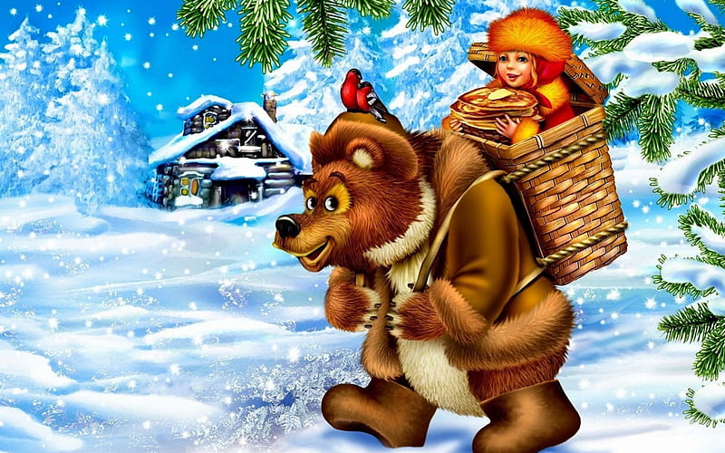 Christmas Time Coming, house, bear, winter, snow, basket, painting, child, pancake, gifts, HD wallpaper