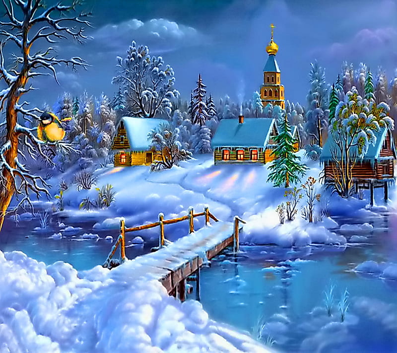 Winter Village, house, night, river, snow, HD wallpaper