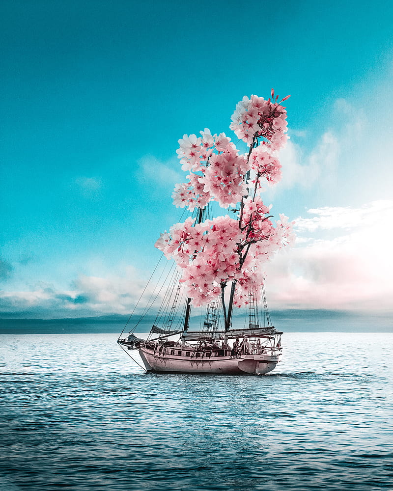 Flower boat, Flower, Gabriel, blue, boat, clouds, fairy, flowers, landscape, magic, magical, graphy, pink, sea, simple, surreal, surrealism, water, wind, HD phone wallpaper