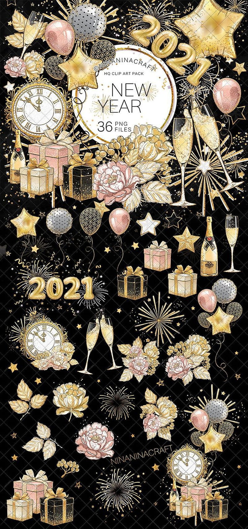 New year 2021, balloon, black, gift, glitter, golden, new year, pink, wine, HD phone wallpaper