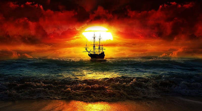 Goodbye Ultra, Artistic, Fantasy, sunset, ocean, sea, sun rays, sail, ship, clouds, waves, beach, HD wallpaper
