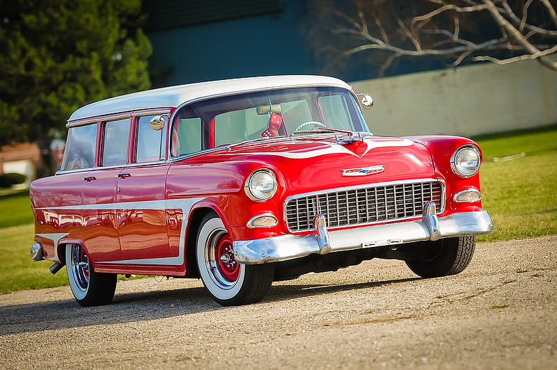 1955 Chevrolet 210 Townsman, 210 Townsman, Chevrolet, carros, Old-Timer, Red, Station Wagon, HD wallpaper
