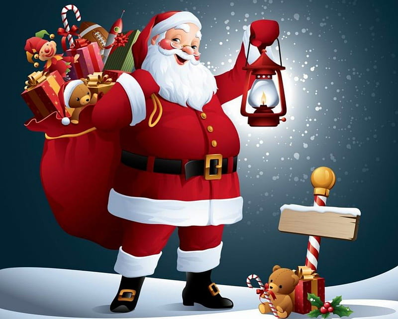 Here comes Santa, Christmas, lamp, Santa claus, gifts, HD wallpaper