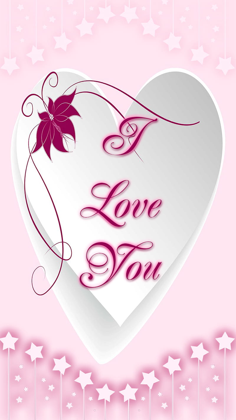 love you, flower, heart, pink, say, sign, stars, symbol, text, white, HD phone wallpaper