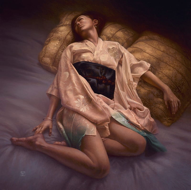 In the realm of Morpheus by Christophe Vacher, art, fantasy, christophe vacher, sleep, luminos, girl, asian, HD wallpaper