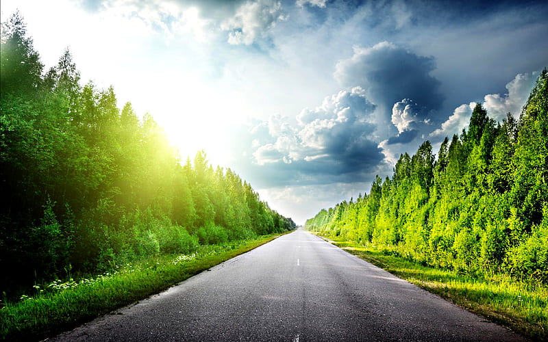Road To..., sun, grass, clowd, woods, sunny, sunbeams, bonito, clouds, asphalt, leaves, splendor, green, path, beauty, sunrise, way, morning, road, forest, lovely, view, sunlight, spring, sky, trees, tree, sunrays, rays, peaceful, nature, landscape, HD wallpaper