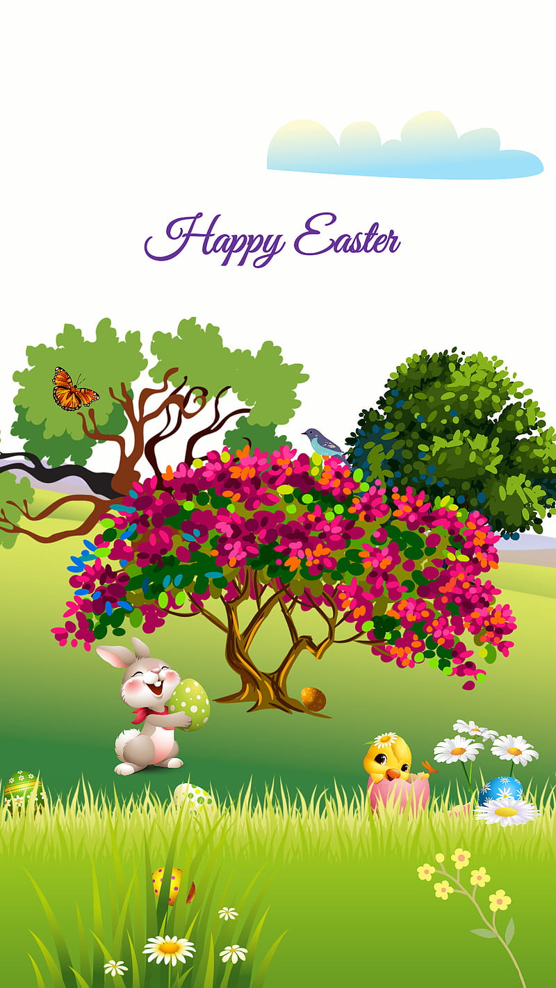Easter is Here, bunny, chicks, easter, easter bunny, easter eggs, eggs, flowers, morning, rabbit, spring, HD phone wallpaper