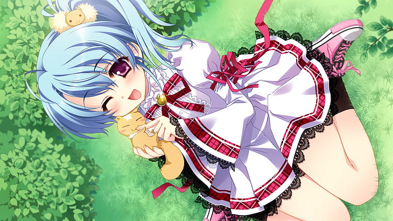 Cute anime Girl, pretty, dress, game cg, grass, bonito, tagme, sexy, animal, cute, blue hair, kimi to boku to eden no ringo, hot, beauty, anime girl, seifuku, HD wallpaper