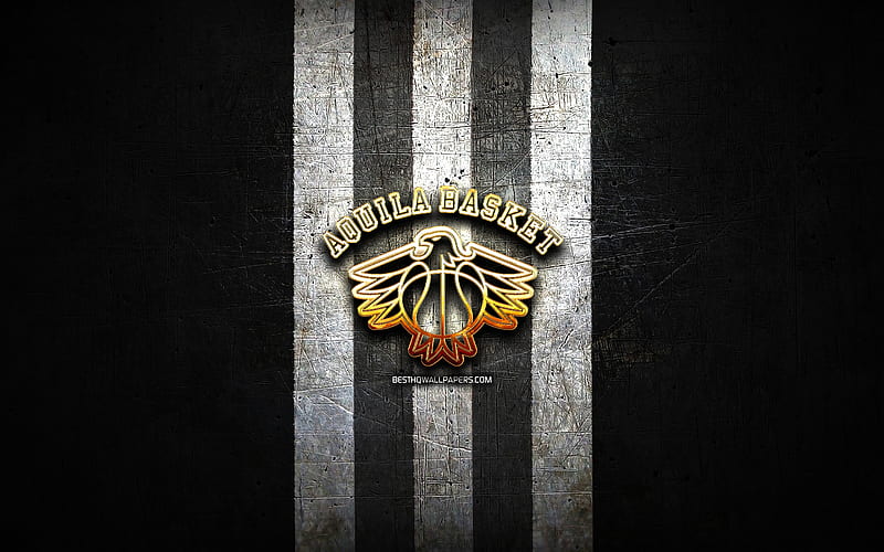 Aquila Basket Trento, golden logo, LBA, black metal background, italian basketball club, Lega Basket Serie A, Aquila Basket Trento logo, basketball, Dolomiti Energia Trento, HD wallpaper