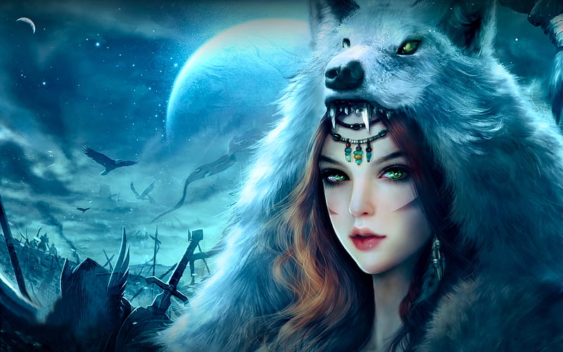 Wolf Lady, pretty, art, bonito, woman, fantasy, moon, girl, digital, wolf, blue, HD wallpaper